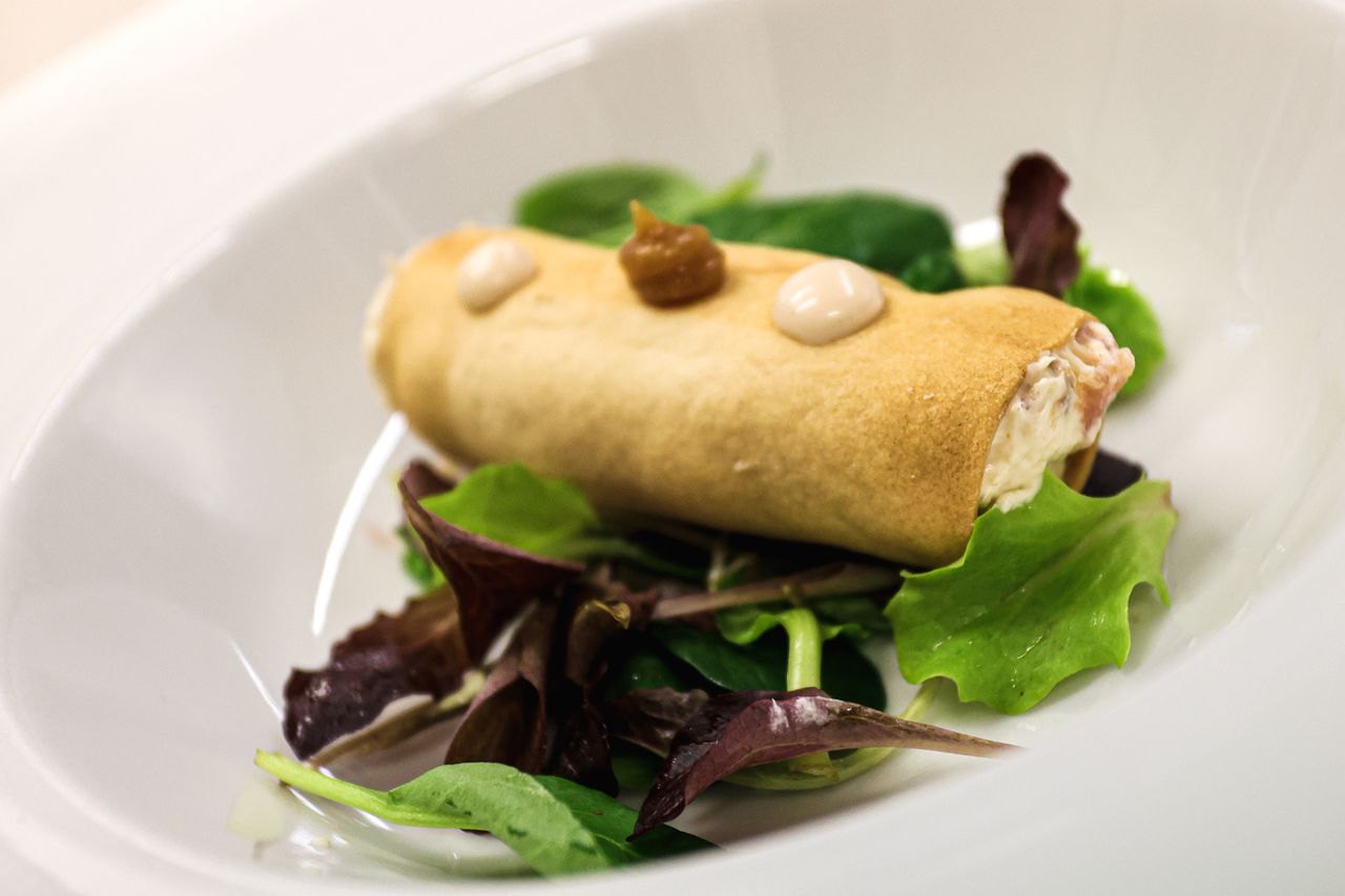 A close-up of a gourmet dish featuring a creamy roll on fresh greens, perfect for food photography.